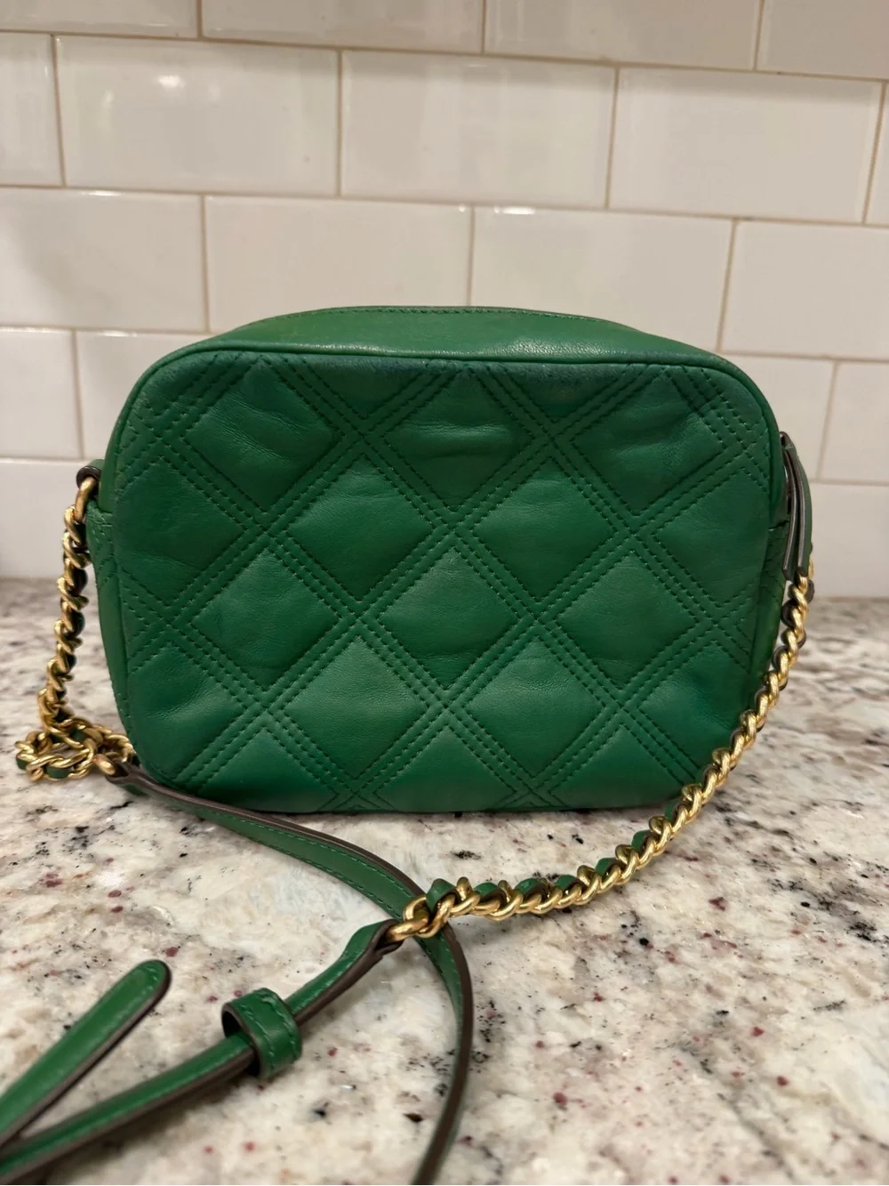 Tory Burch Green Quilted Leather Crossbody Bag with Chain Strap